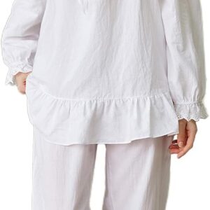 Women's Cotton Pajama Set 2 Piece Vintage Lounge Set Long Sleeve Top Pants Pjs Lace Frill Victorian Sleepwear