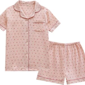 Womens Cute Pajama Set Short Sleeve Button Up Shirt and Shorts 2 Piece Cotton Pj Sets