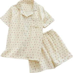 Womens Cute Pajama Set Short Sleeve Button Up Shirt and Shorts 2 Piece Cotton Pj Sets