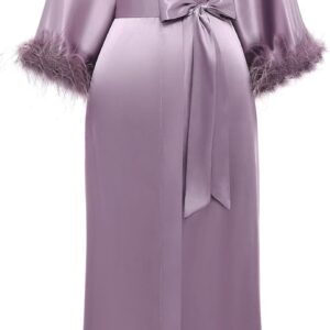 Satin Kimono Robe Long Silky Bathrobe with Ostrich Feather Trim Sleepwear Wedding Bridesmaid Dressing Gown