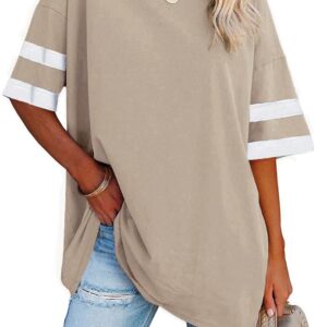 Womens Oversized Tees Loose T Shirts Half Sleeve Crew Neck Color Block Cotton Tunic Tops
