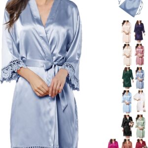 2Pcs Satin Robe Womens Silk Robes Lace Kimonos Bridal Silky Robes for Brides Bridesmaids Wedding Nightgown Bathrobe Sleepwear