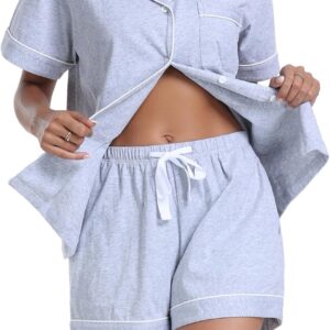 Womens Cotton Pajama Sets Short Summer Pjs Sets Soft Button Down Sleepwear Short Sleeve Shirt&Pants Sleepwear